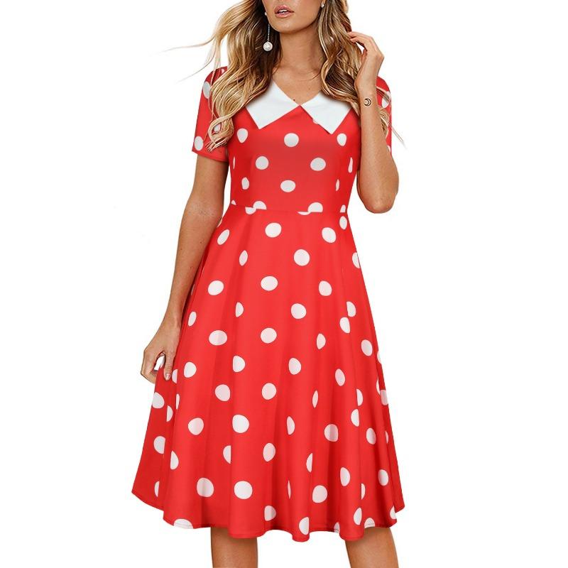 Summer Short Sleeve V-Neck Polka Dot Retro Dress Women's Large Swing Dress