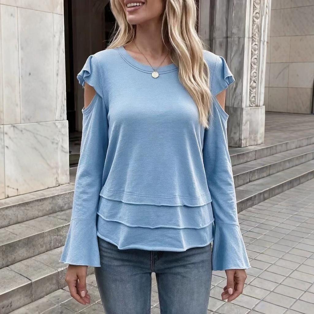 Women's Fashion Casual Long Sleeve Top with Off-Shoulder Ruffle and Hem