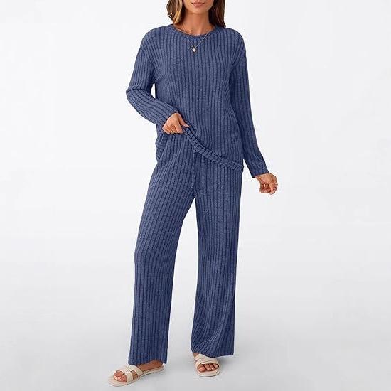 Cross-border two-piece set women's 2025 autumn new fashion casual straight-leg pants temperament loose V-neck pit strip knitted cover