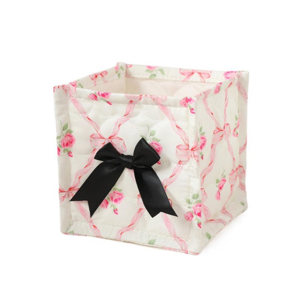 Square Desktop Storage Basket Bowknot Pattern Storage Frame Cute Organizer Box  Home Decoration