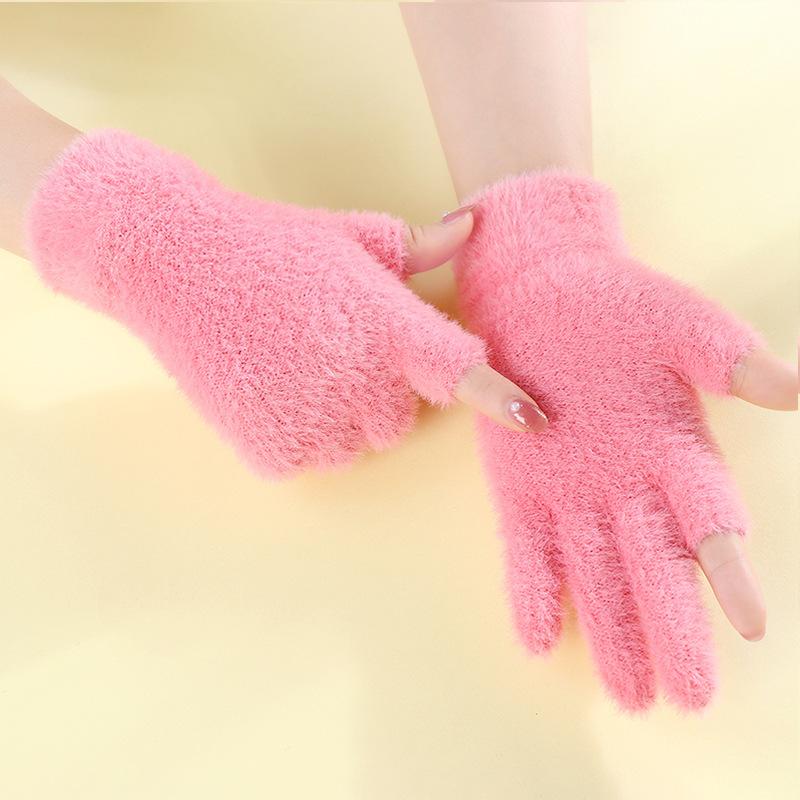Women's Warm Two finger Gloves with Imitation Mink Plus Velvet Thick Half-finger Work Student Writing To Protect Against Cold Winter