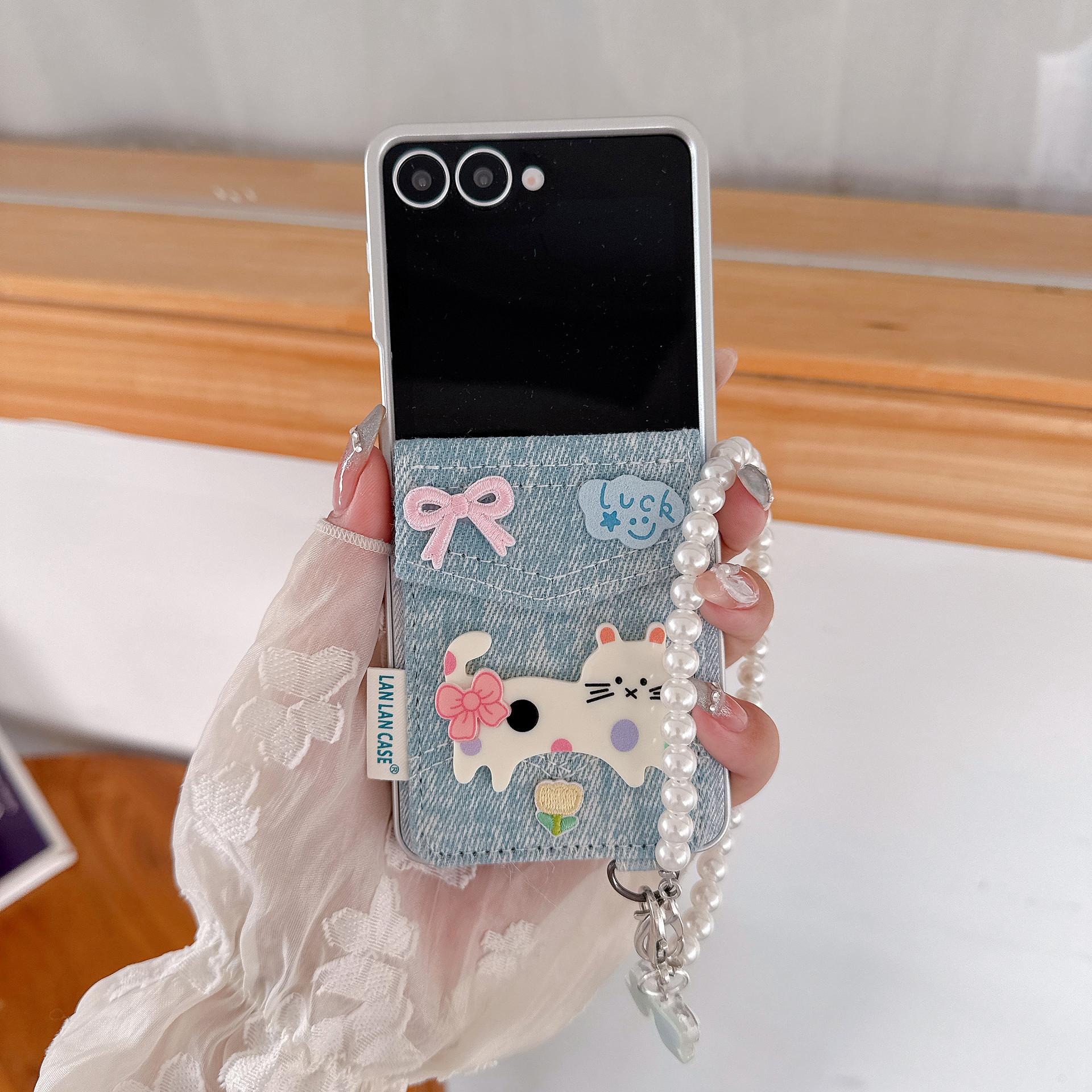 Phone Cases Samsung, Denim Pattern Cat & Dog Card Holder Folding Hard Cases Samsung zflip7