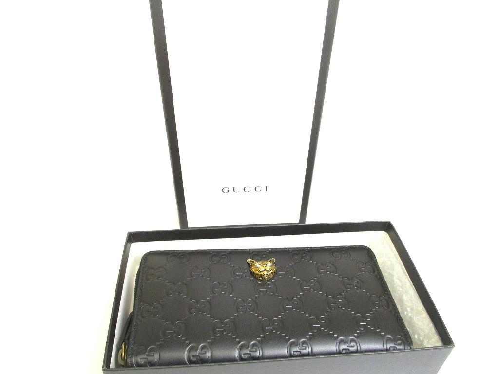 Authentic GUCCI Cat Guccissima Black Leather Round Zip Long Wallet #a926  Refurbished
