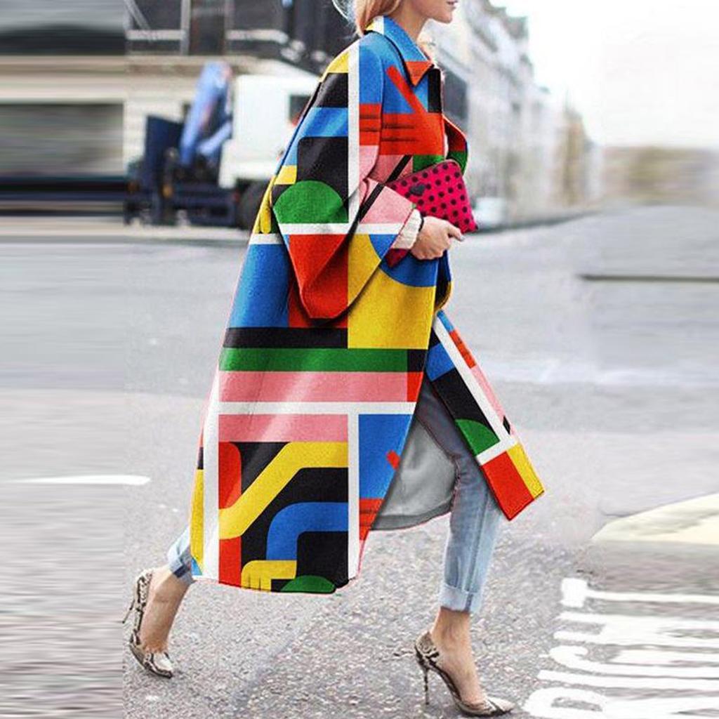 Mode Frauen Gedruckt Tasche Jacke Oberbekleidung Strickjacke Mantel Lange Trenchcoat