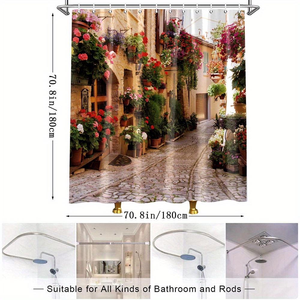 European Village Shower Curtain – Cobblestone Alley, Rustic Buildings, Flower Pots, Vintage Style, 70.86x70.86in, 12 Hooks