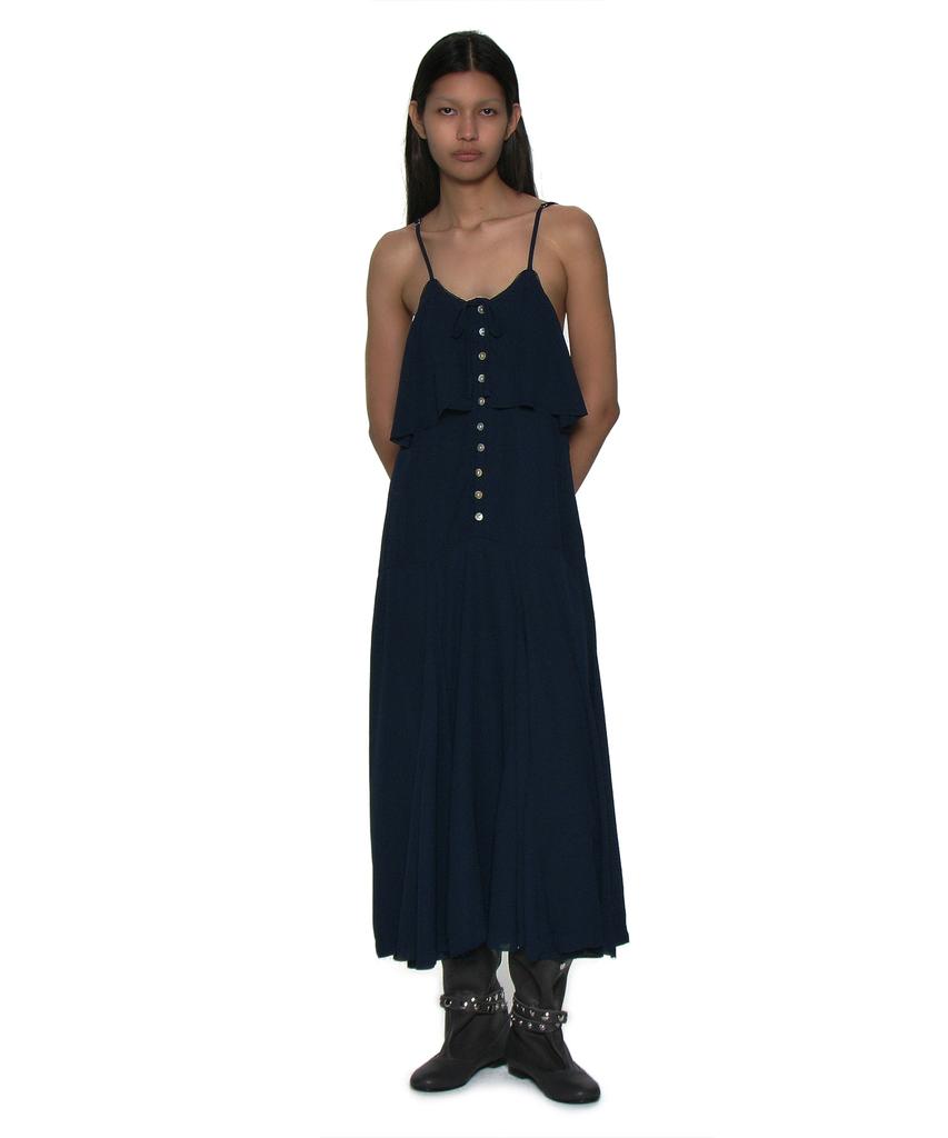 Partimento Woman Ruffle Lace Trim Flare Slip Dress_Navy