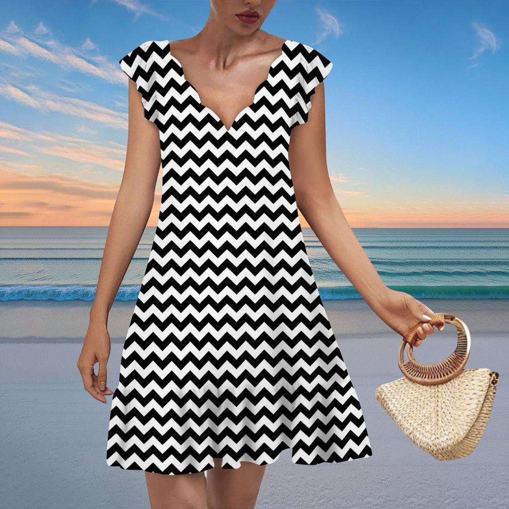 Women's Fashion Casual V Neck Wavy Edge Striped Plaid Print Short Sleeve Dress