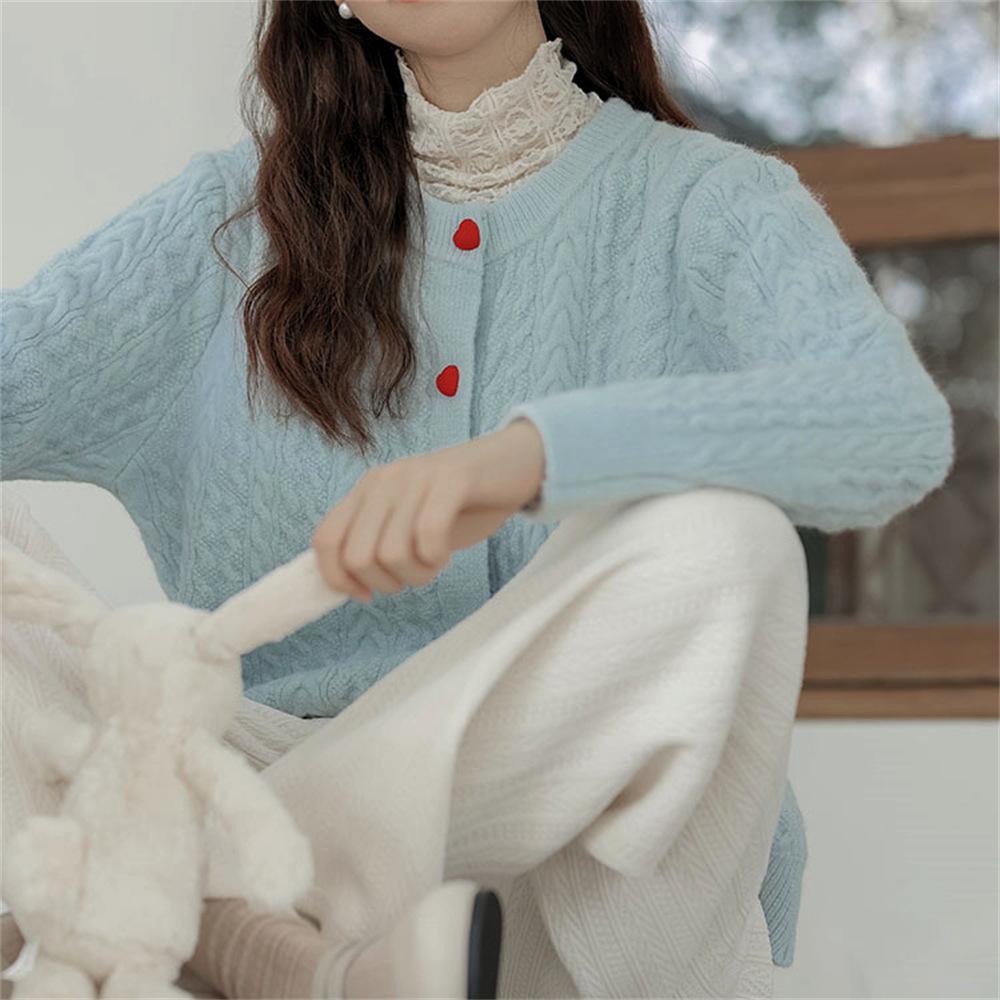 Autumn and Winter Women's  Sweater Round Neck Love Button Fried Dough Twists Knitted Cardigan