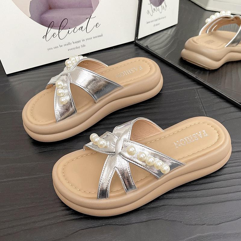 Muffin thick-soled cool slippers women's summer new fashion outer wear sandals pearl cross with beach slippers