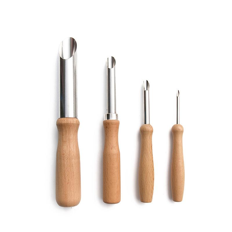 4pcs Round Hole Cutters Set, Stainless Steel Pottery Clay Drilling Tools with Beech Wood Handles
