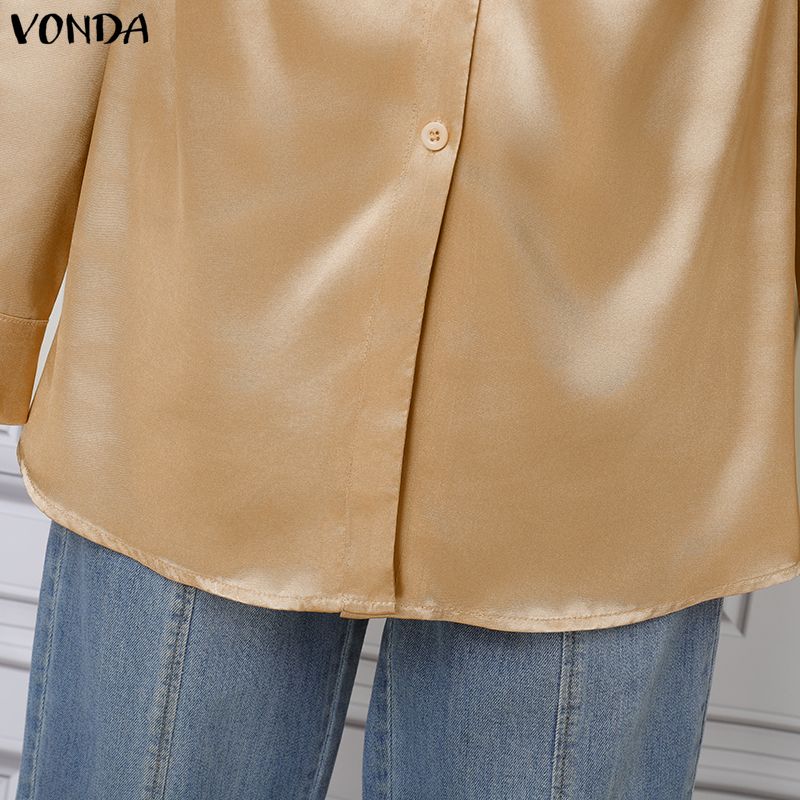 VONDA Elegant Women Pleating Lapel V Neck Long Sleeve Buttons Up Casual Office Shirts Blouse