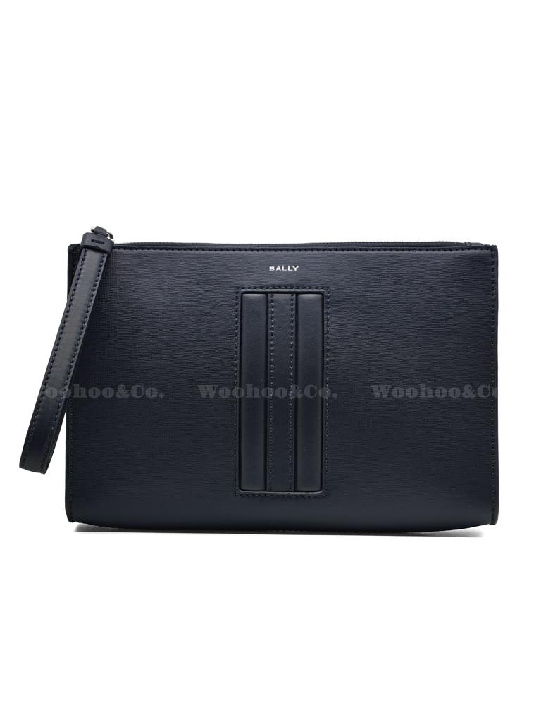 Bally Logo Zip Closure Leather Clutch Men Clutch Dark-Blue 6310280