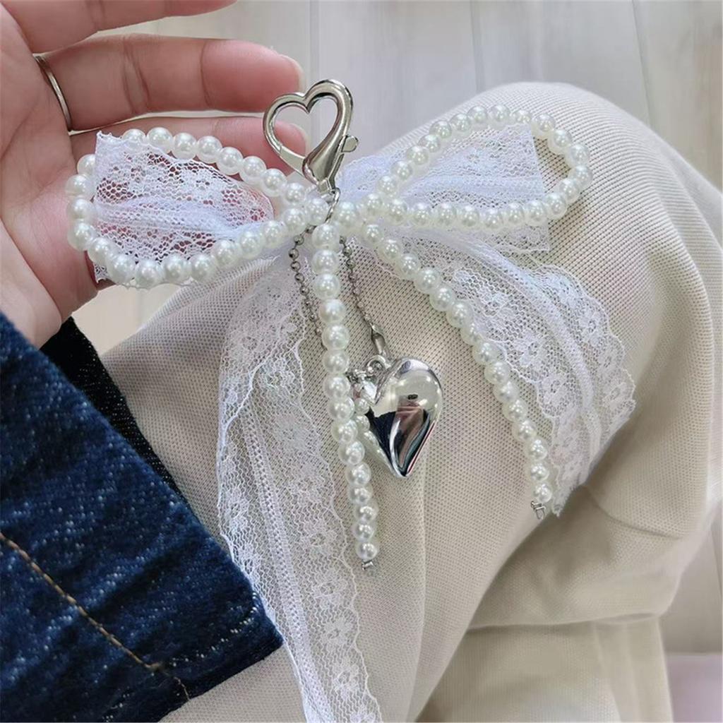 Aesthetic Keychain Charms,Lace Pearls Bows Bag Charm Pendant Sweet Heart Bows Keychain Charms Hanging Ornament for Women