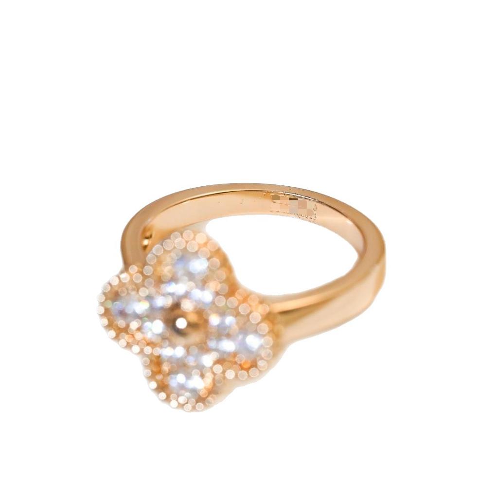 Four-leaf Clover Full Diamond Single Flower Ring V Gold Thick Plated 18K Mi Gold Girl Light Luxury Fresh and Sweet