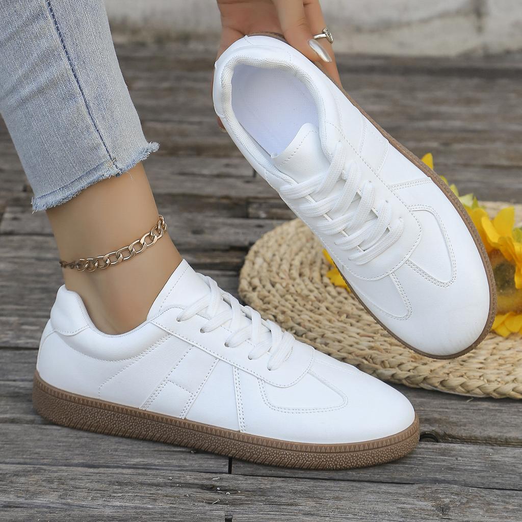 Ladies' Casual White Sports Shoes - Lace Up, Low Cut, Breathable Fabric, Comfortable All Year Round