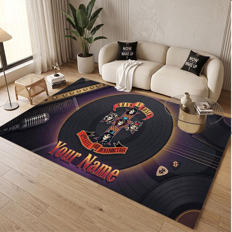 Custom Rug Guns N’ Roses Pattern Print Name Text Soft Non‑Slip Floor Carpet for Home Indoor Decoration