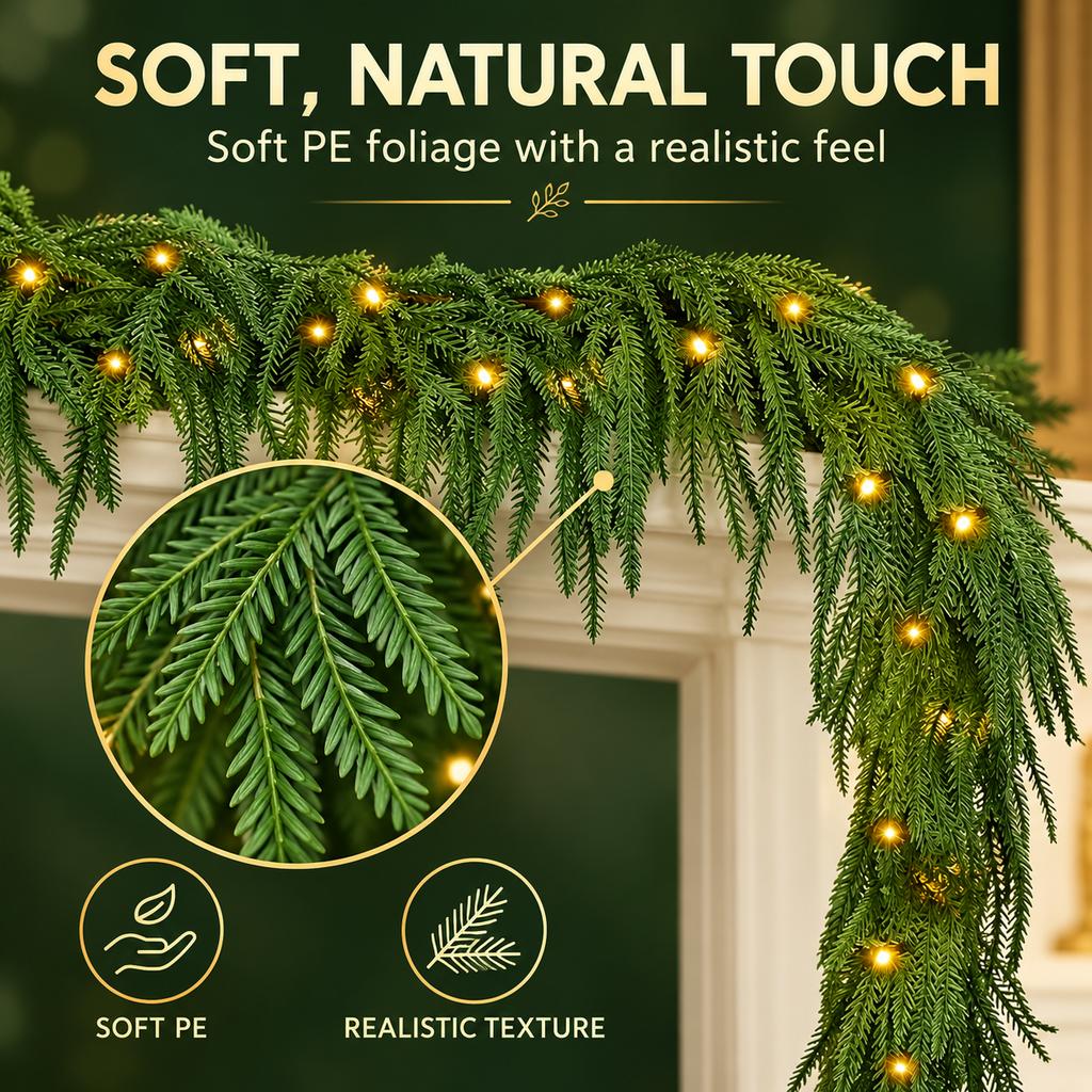 Artificial Norfolk Pine Garland with LED Warm Lights