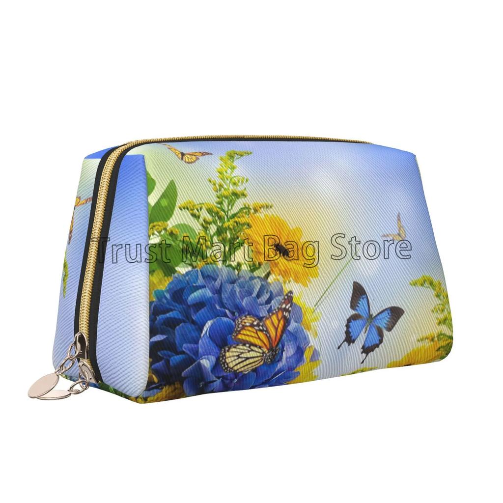 White Floral with Colorful Butterflies Print Leather Makeup Bag Large Capacity Travel Storage Pouch Cosmetic Bag for Women