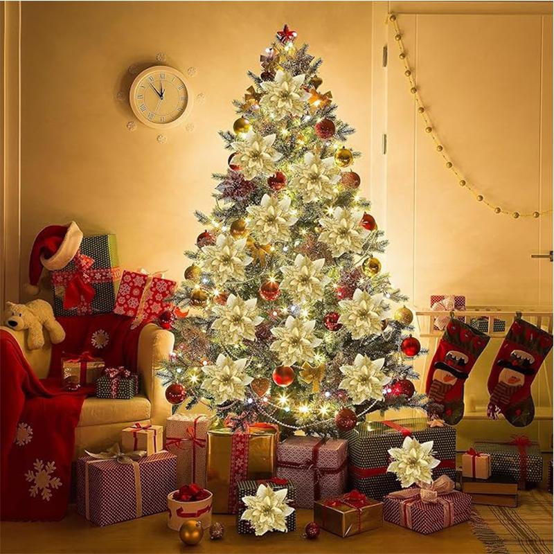 2/5Pcs 14cm Glitter Artifical Christmas Flowers Mreey Christmas Tree Decor Happy New Year Ornaments Xmas Fake Flowers Natal