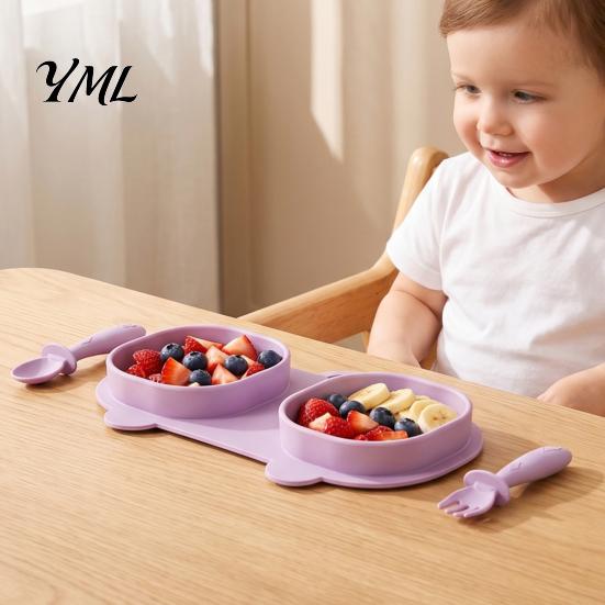 Leichtes Essgeschirr für unterwegs, faltbare Silikon-Baby-Essensplatten mit Gabel und Löffel, einfach zu verstauen, Kinder-Füttertablett, Reiseutensilien,