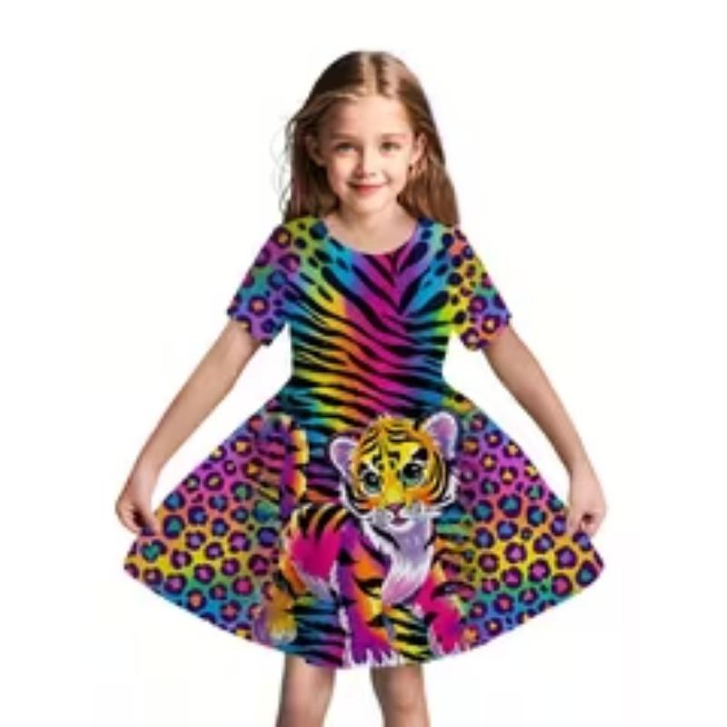 Girls' Pink 3D Flower & Butterfly print Short Sleeve Dress - Summer A-Line with Round Neck, Short Sleeves & for Outdoor Play,