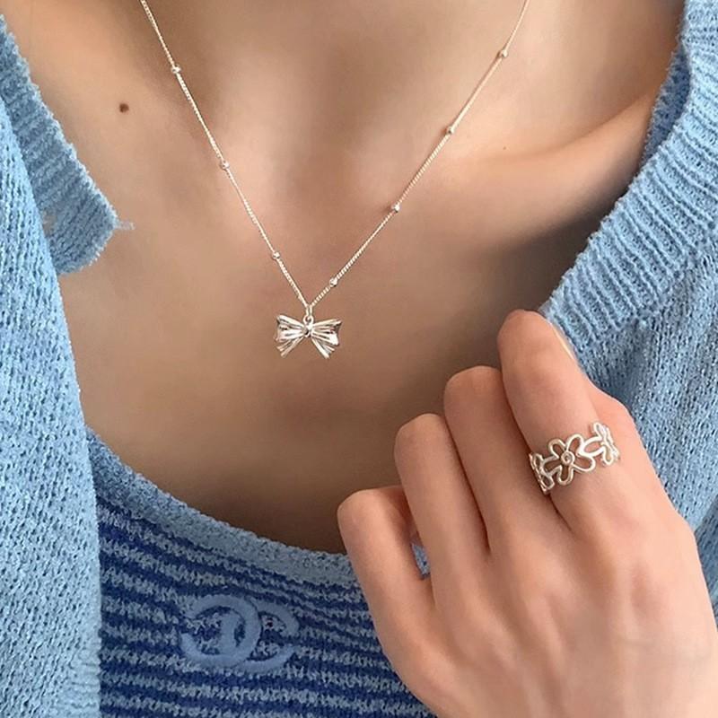 VENTFILLE Silver Color Bowknot Snake Bone Chain Necklace For Women Girl Simple Design Korean Jewelry Dropshipping