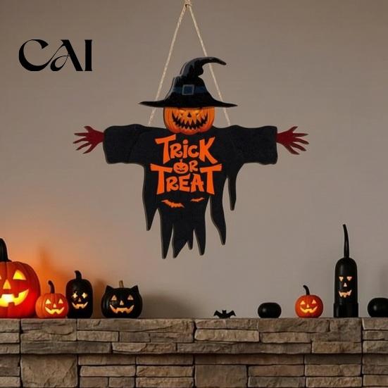 Festive Entryway Fall Display Halloween Door Sign for Porch, Cute Ghost Scarecrow Dwarf Hanging Wall Decorative Seasonal Plaque, Rustic Farmhouse