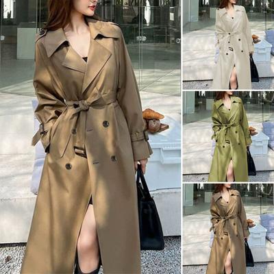 Women's Double Breasted Long Trench Coat Windproof Lapel Slim Overcoat with Belt Windbreaker Jacket for Spring Autumn