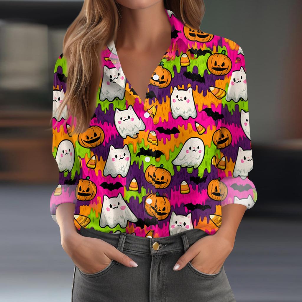 Women's Long Sleeve Casual Half Placket Shirt with Halloween Print for Fall Parties