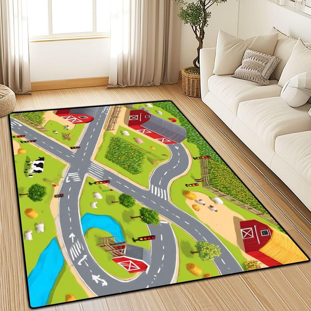 Farm Traffic Pattern Carpet Barn Animal Road River Print Living Room Mat Kids Cartoon Educational Home Decor Rug Soft Non-Slip