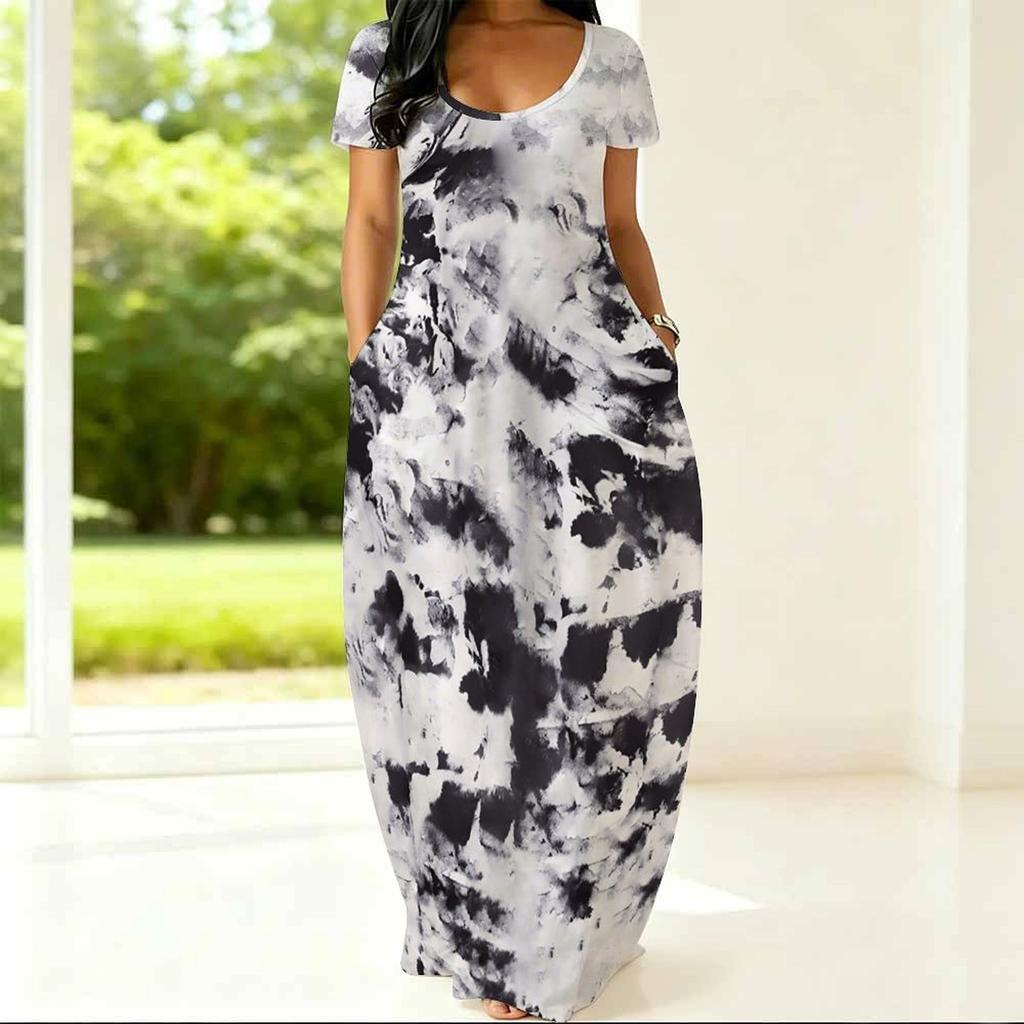 Women Loose Round Neck Short Sleeve Gown Plus Size Stylish Outfit Ideal For Summer Outdoor Activities