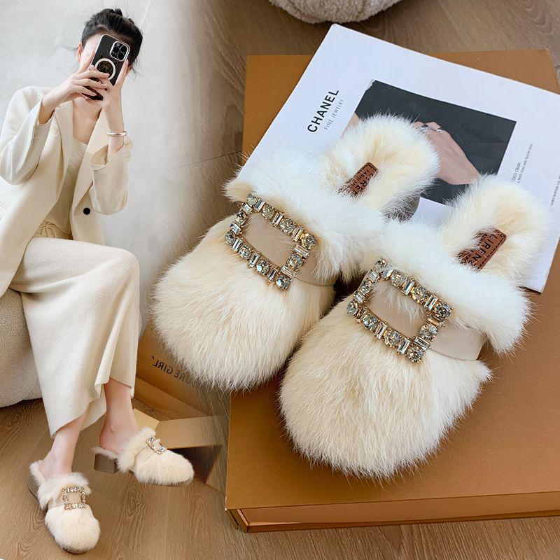 Autumn/Winter 2025 Women's Chunky Heel Furry Cotton Slippers - Mid-High Rabbit Fur Mule Shoes