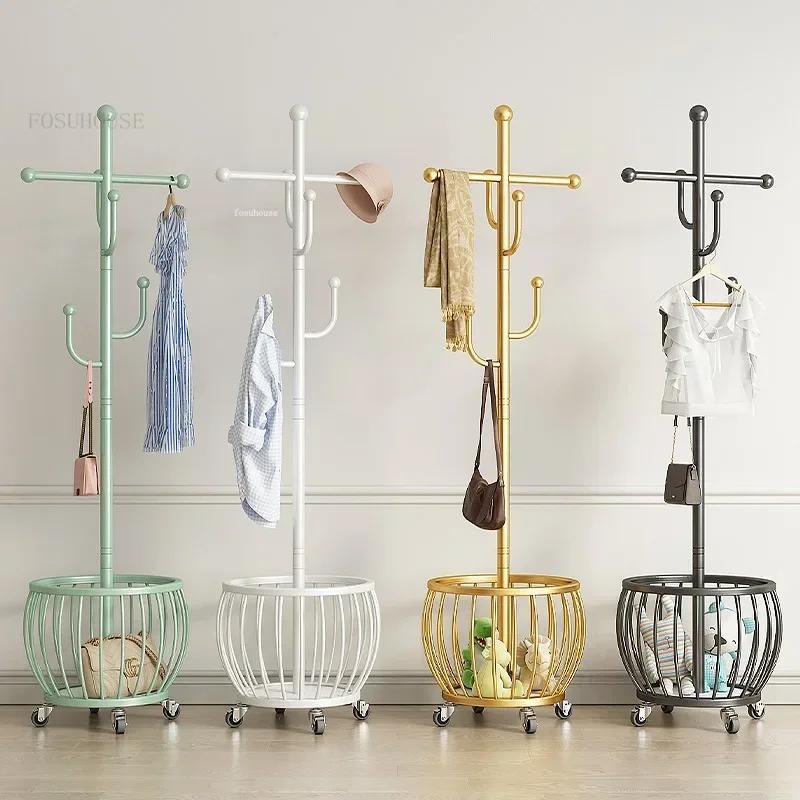 Modern Bedroom Coat Racks Floor Hanger Light Luxury Wrought Iron Living Room Removable Dirty Clothes Basket Simple Storage Rack