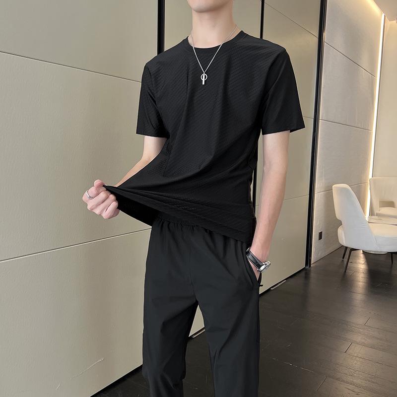 Men's Summer Ice Silk T-Shirt & Breathable Spandex Pants Set - High Elasticity, Sports Casual, Couple Style