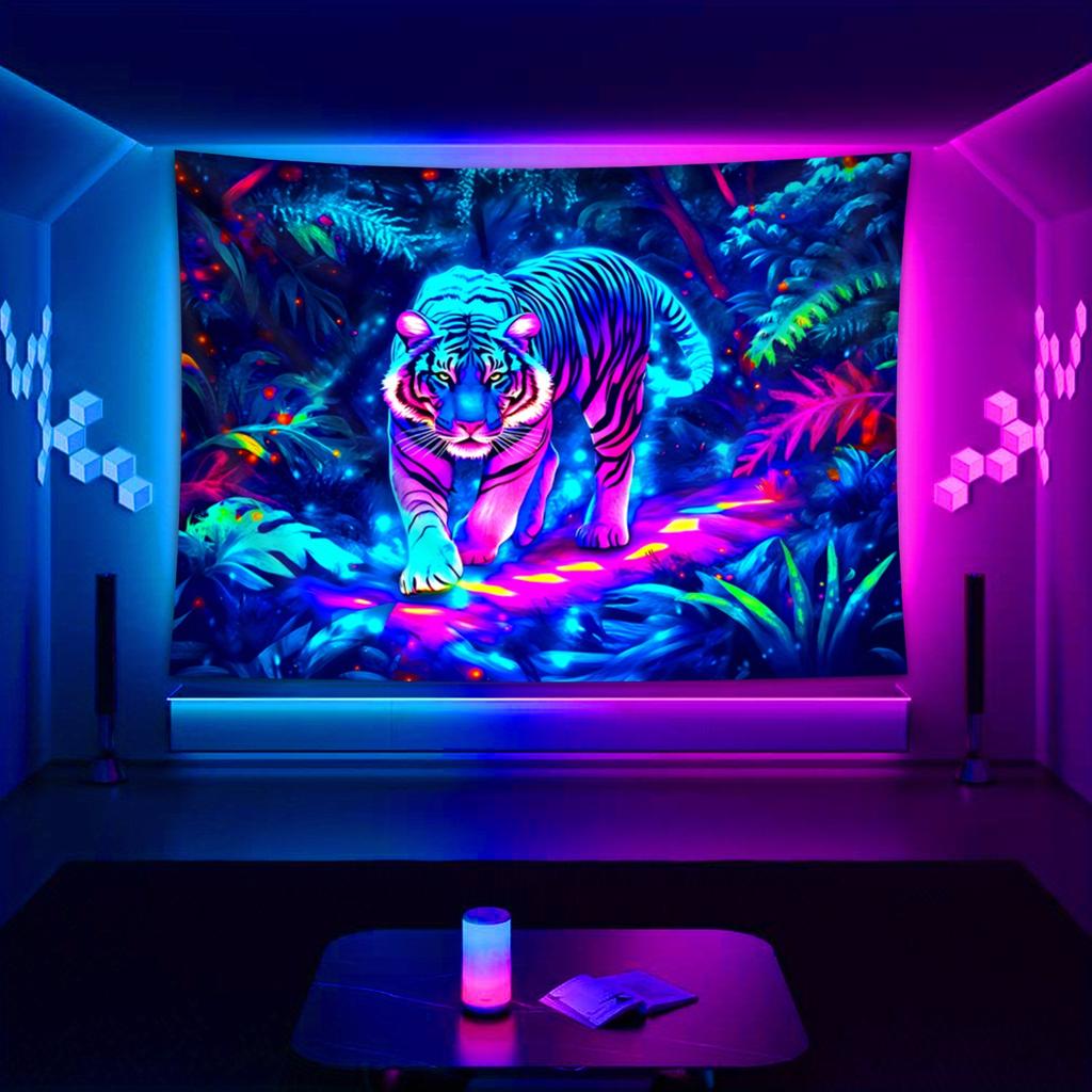 Neon Tiger Wall Tapestry Glow In Dark Jungle Art Psychedelic Blacklight Mural Modern Home Decor For Bedroom And Gaming Room