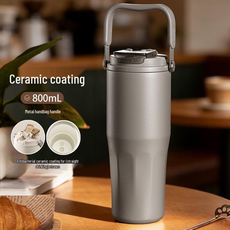 

316 Large Capacity Insulated Ceramic Liner Car Cup with Straw & Dual Drinking Options Hand Carry - 800ml [Ceramic Inner Liner]