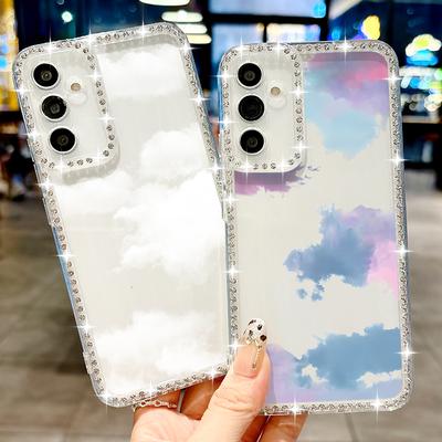 Diamantrahmen Klare Handyhülle Für Samsung S25 S24 FE S23 Ultra S22 A56 A16 A36 A15 A55 Wolkenmuster Weiches Silikon Stoßfeste Bumperabdeckung