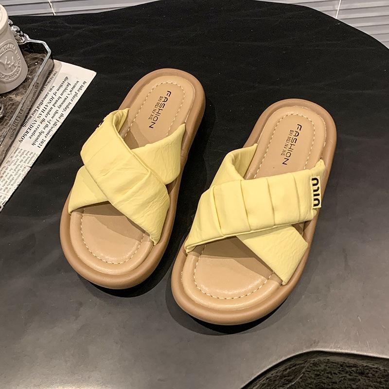 

толстоподошвенные туфли с перекрестными ремешками для женской летней носки 2025 новая модная повседневная универсальная удобная обувь с мягкой подошвой 40 жёлтый