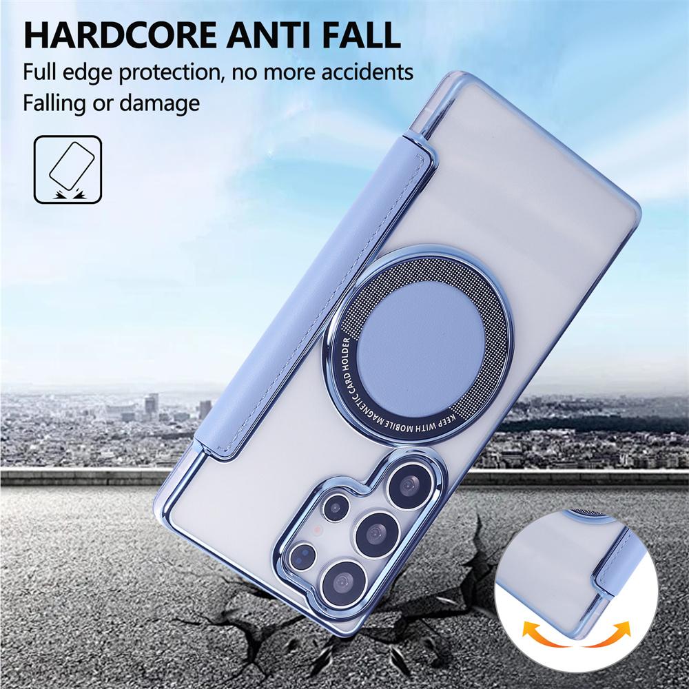 Flip Slot Card Leather Wallet Clear Magnetic Phone Case For Samsung S24 S25 Ultra S22 S23 Plus For Magsafe Wireless Charge Cover