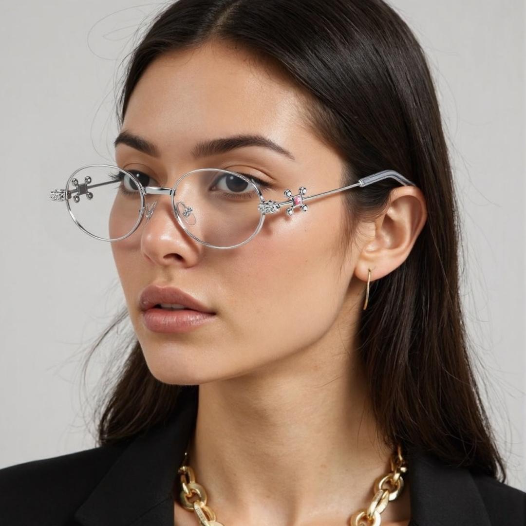 New Fashion Diamond Embellished Women's Snap Glasses Frame Rhombus Multi-angle Metal Embellished Street Style