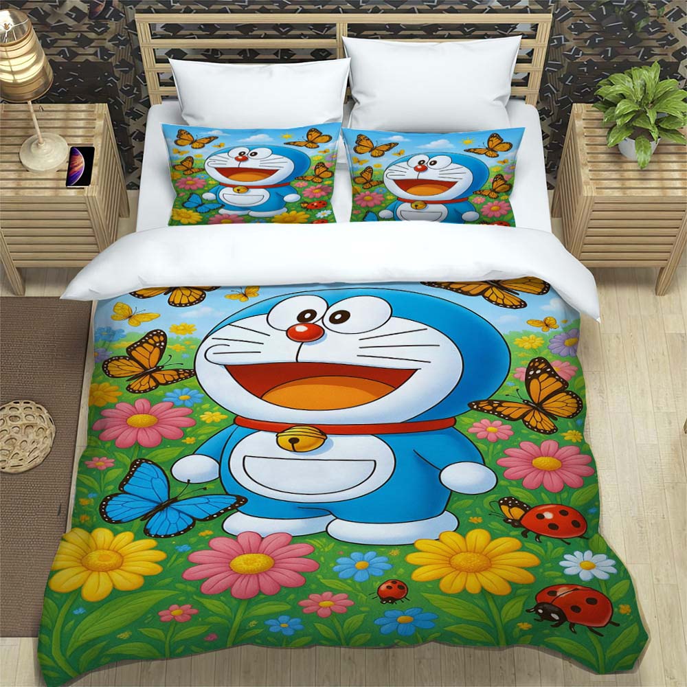 Doraemon Anime Serie Bettwäsche-Set, Inklusive Bettbezug und Kissenbezügen, 3-teiliges Set; Schlafzimmerdekoration kann individuell gestaltet werden.