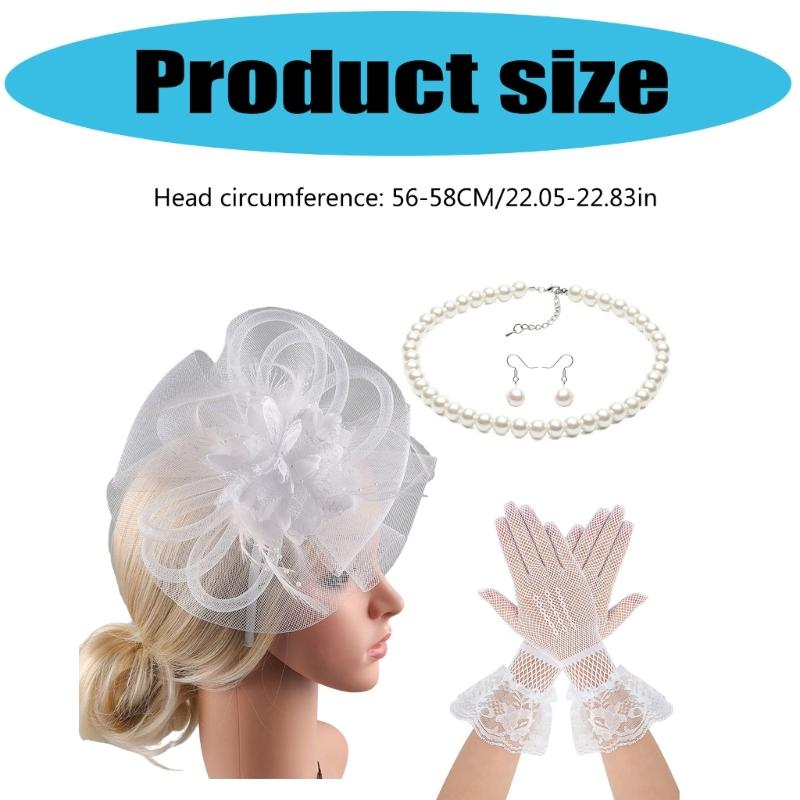 Lace Flower Fascinator Hat Hairband Necklace Gloves for Cocktails Event Dressingup Roleplay Flapper Costume Accessories