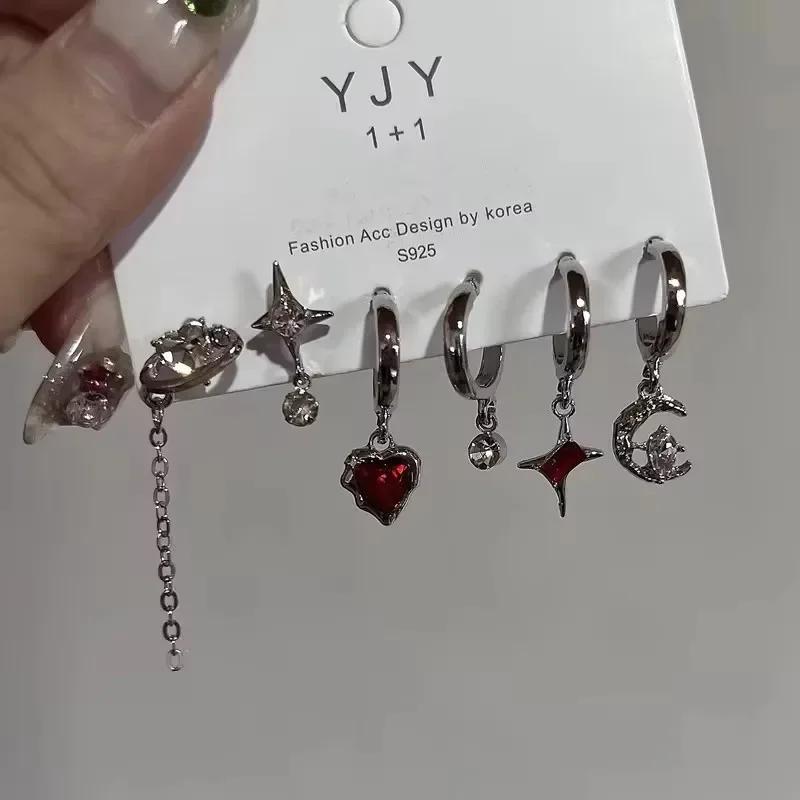Goth Trendy Red Crystal Star Earring Set for Women Men Vintage Aesthetic Heart Star Pendant Earring Y2K Jewelry Accessories