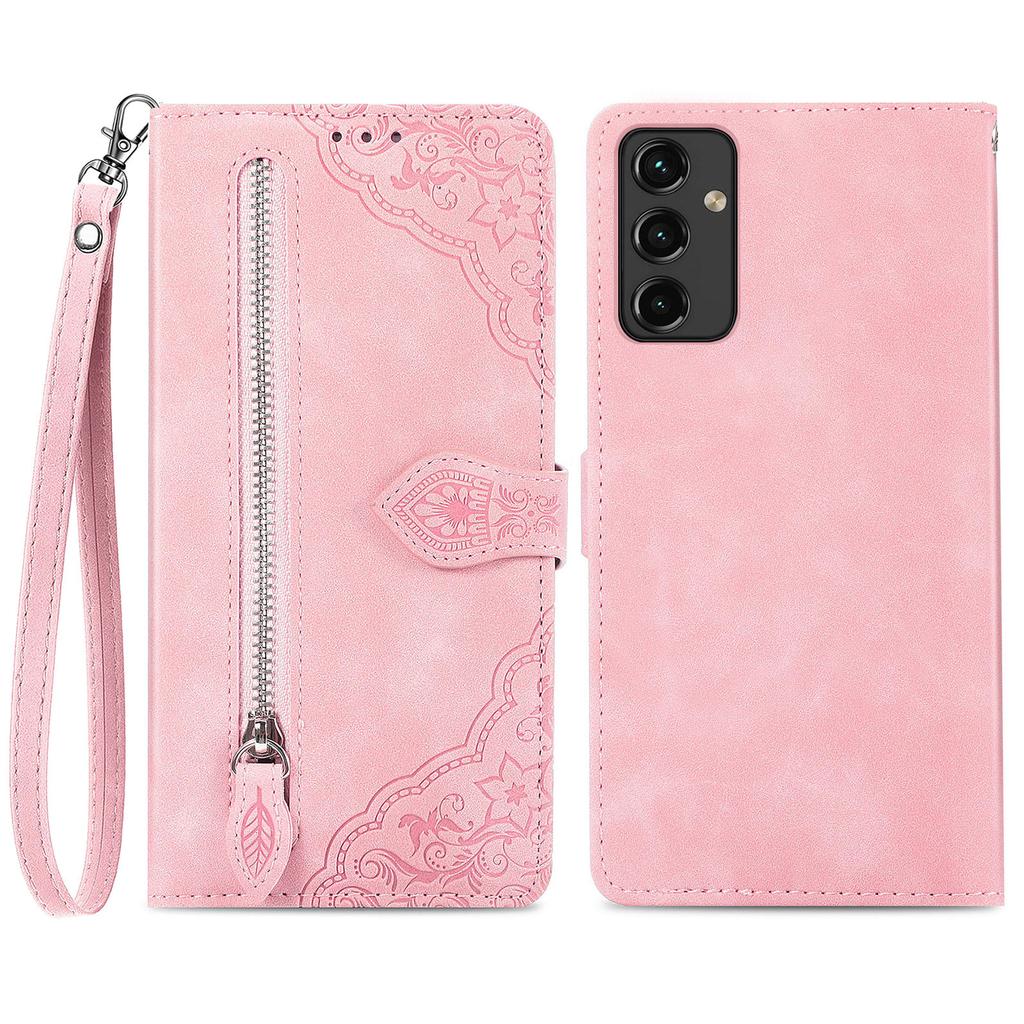 For Samsung Galaxy A14 5G/A14 4G Zipper Wallet Case with Strap Flower Imprint PU Leather Phone Cover