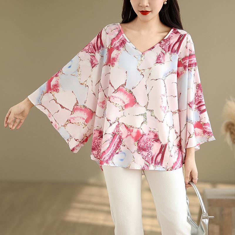 Dimanaf 2025 Women New Summer Plus Size T-Shirt Batwing Sleeves Printing V-Neck Vintage Loose Tops Tees Maxi