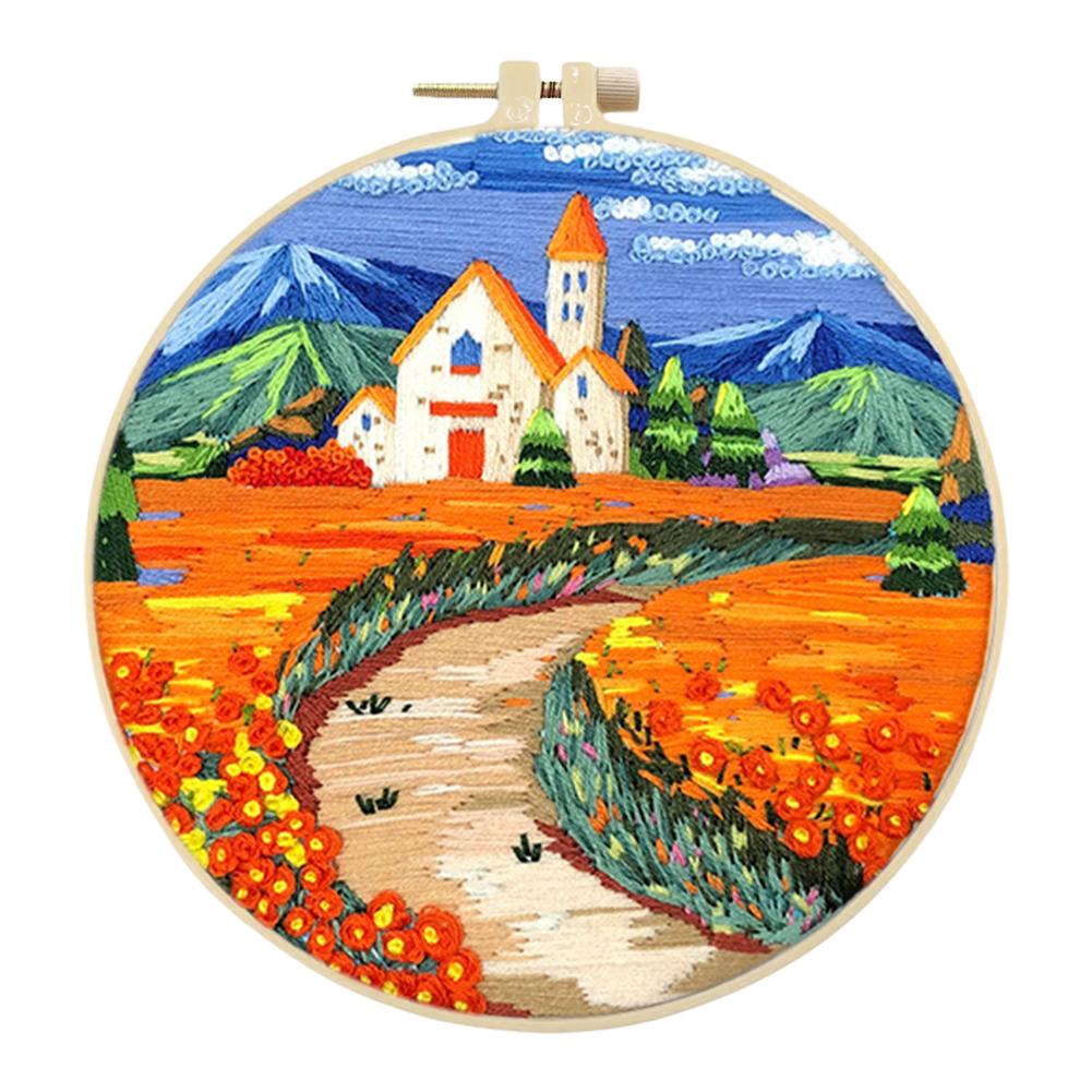 Landscape Stamped Cross Stitch Embroidery Kits with Hoop Cloth Color Thread