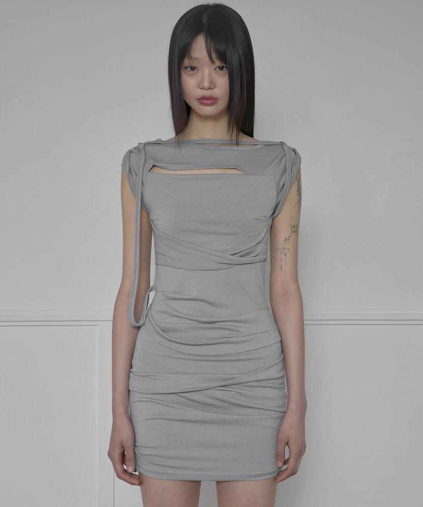Peulleeoeob Asymmetrical Draped Strap Roll-Up Dress (Fl-171_Gray)