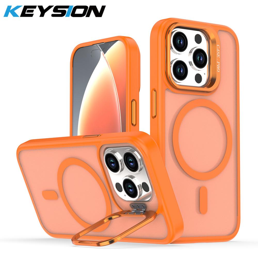 KEYSION Lens Stand Magnetic Phone Case for MagSafe for iPhone 13 14 15 Pro Max 15 Plus Matte Translucent Shockproof Back Cover
