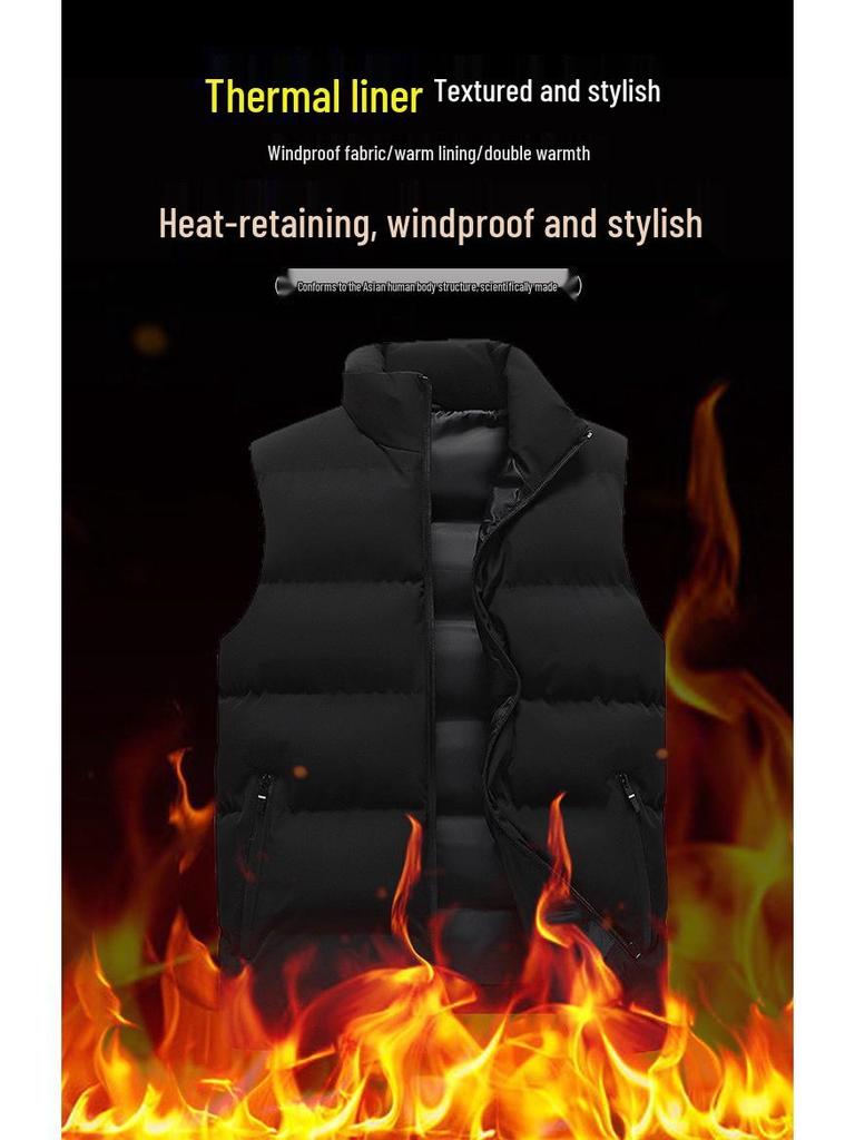 Men's Windproof Stand Collar Cotton Vest - Warm, Velvet-Lined, Casual Hong Kong Style for Autumn/Winter