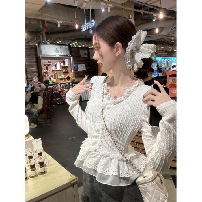 

Весна 2025 Женский облегающий топ с кружевом, V-образным вырезом и длинными рукавами M